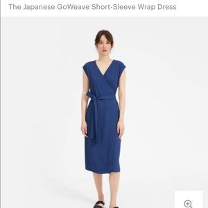 Everlane blue wrap dress tags on
